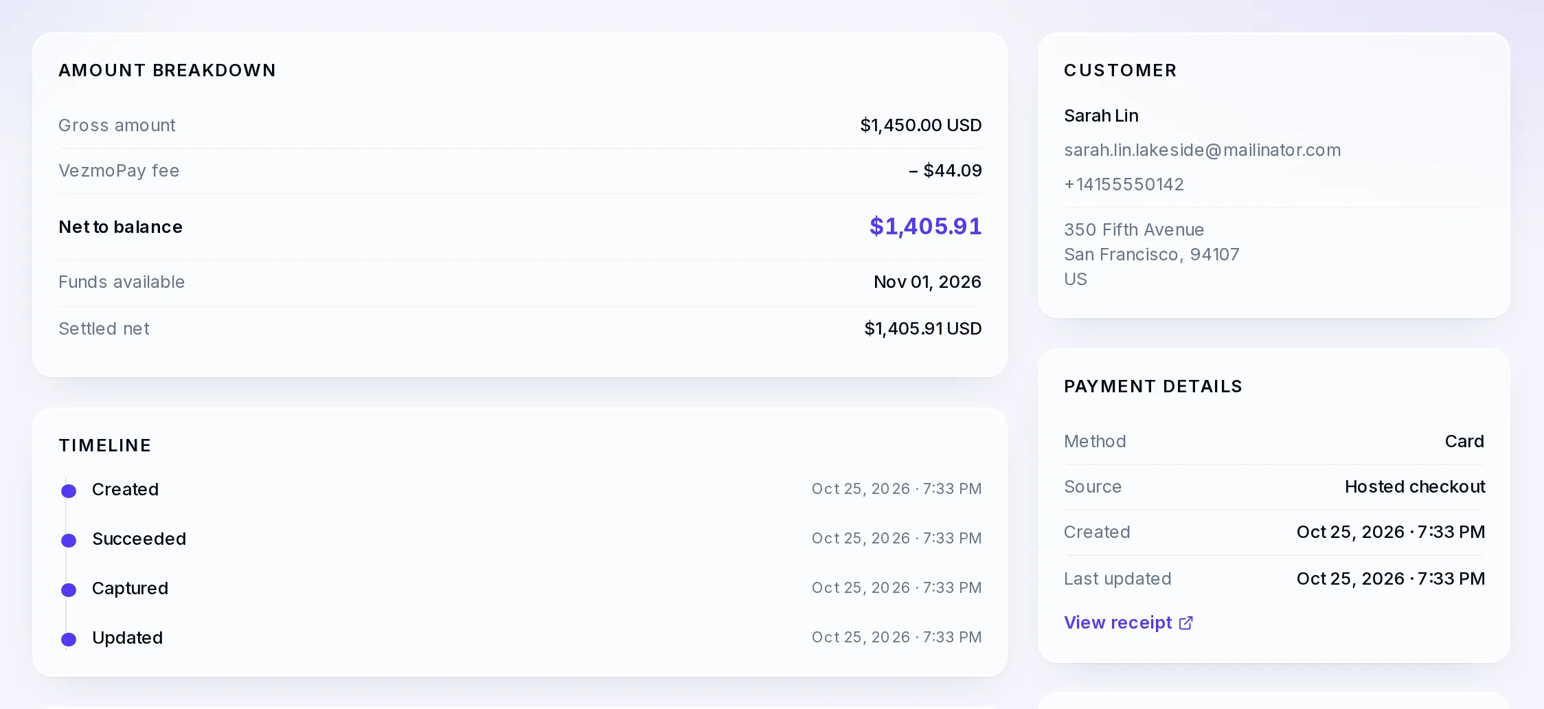 A payment's amount breakdown: gross $1,450.00, VezmoPay fee −$44.09, net to balance $1,405.91, funds available Nov 01, 2026