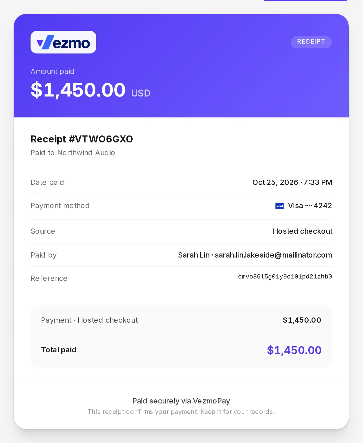 A payment's receipt: $1,450.00 USD paid to Northwind Audio, receipt #VTWO6GXO