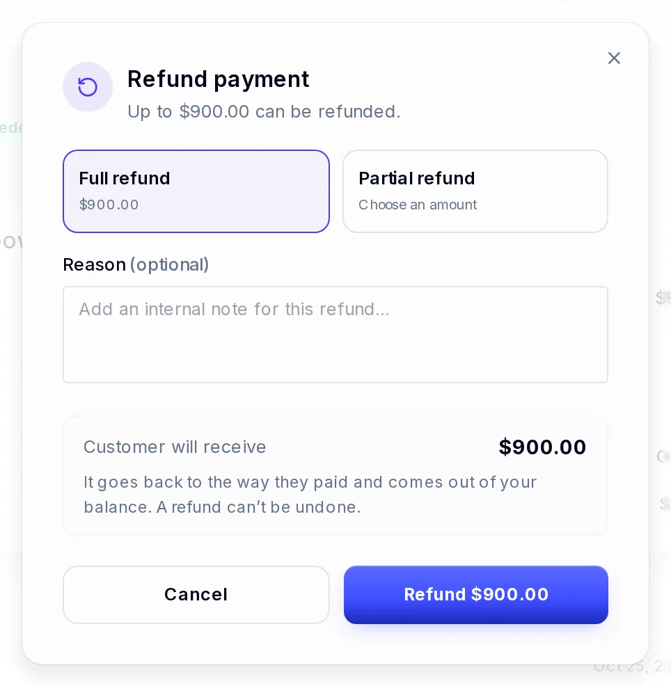 The refund dialog: full refund $900.00 or partial refund