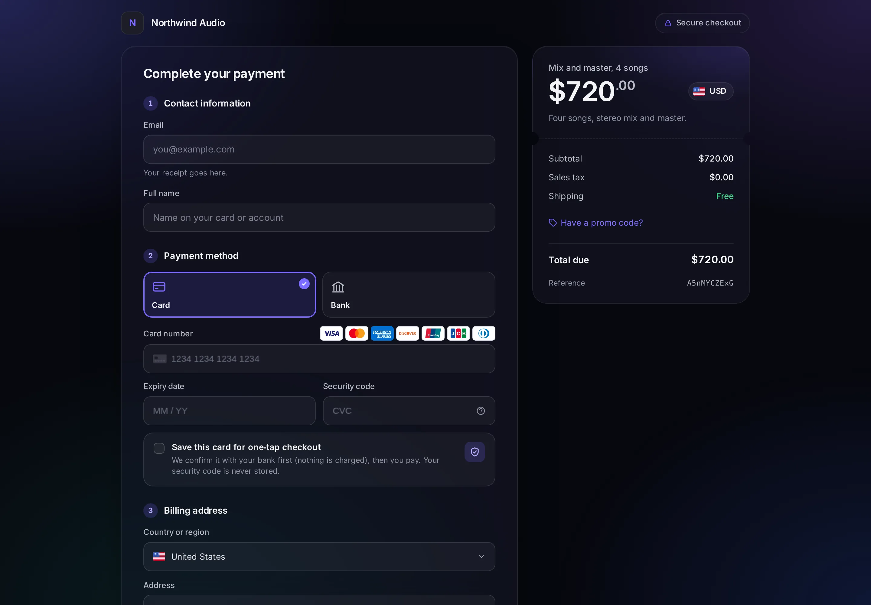 The hosted checkout for a $720 payment link: contact information, card and bank payment options, billing address and the order summary.