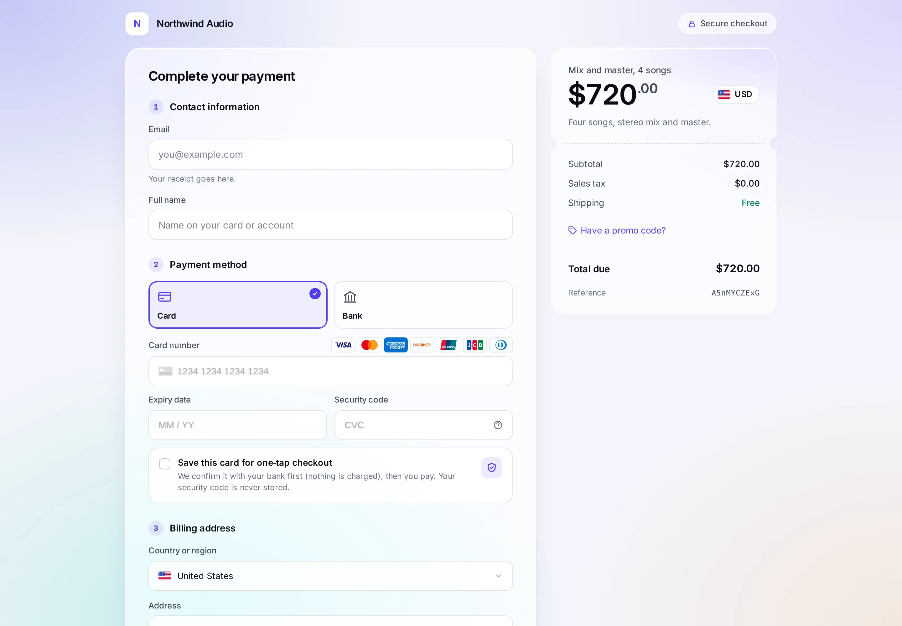 The hosted checkout for a $720 payment link: contact information, card and bank payment options, billing address and the order summary.