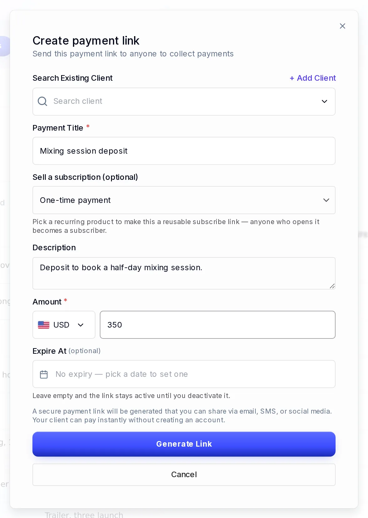 Creating a payment link: client, payment title, subscription, description