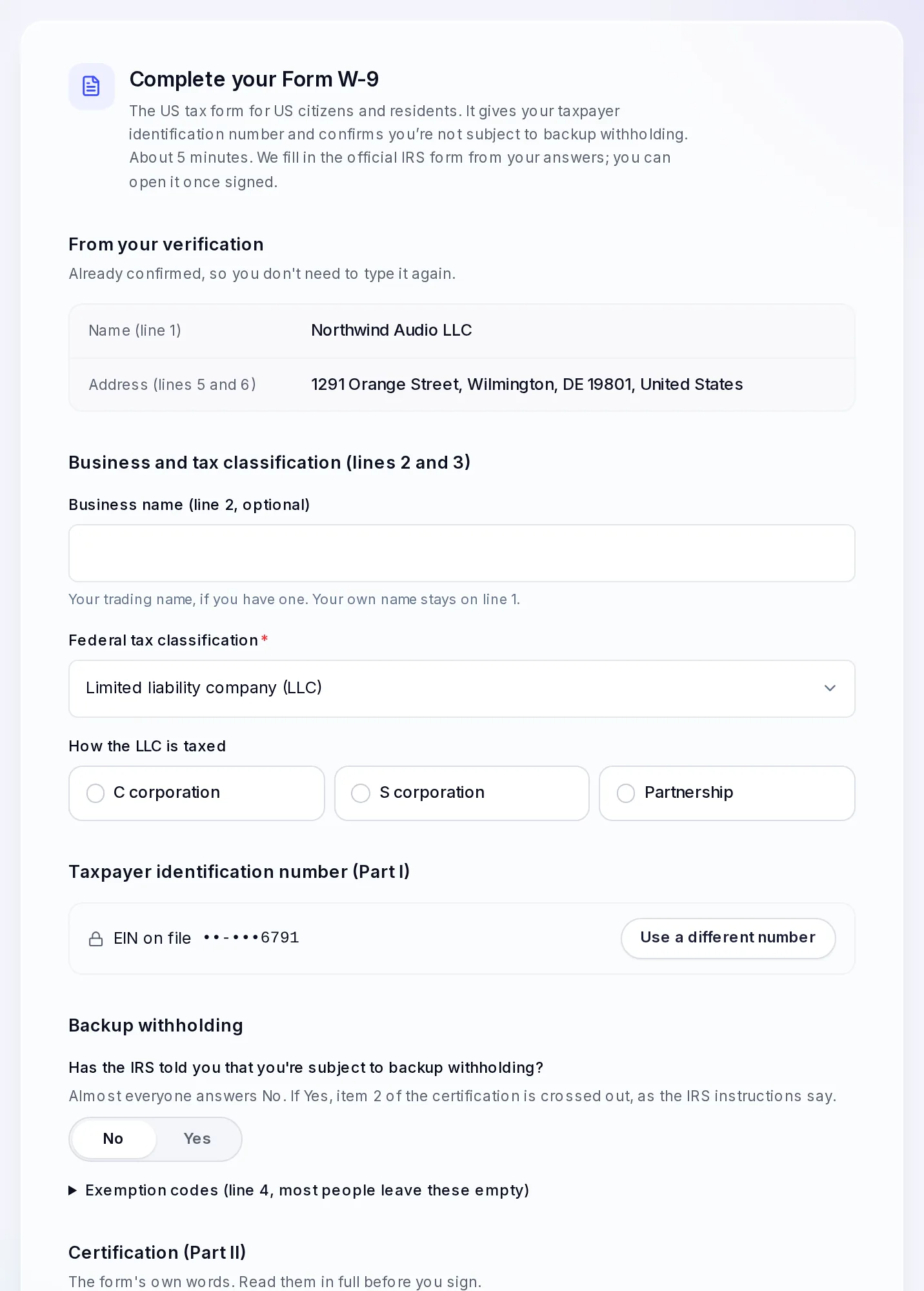 Complete your Form W-9, with the name and address already filled in from your verification