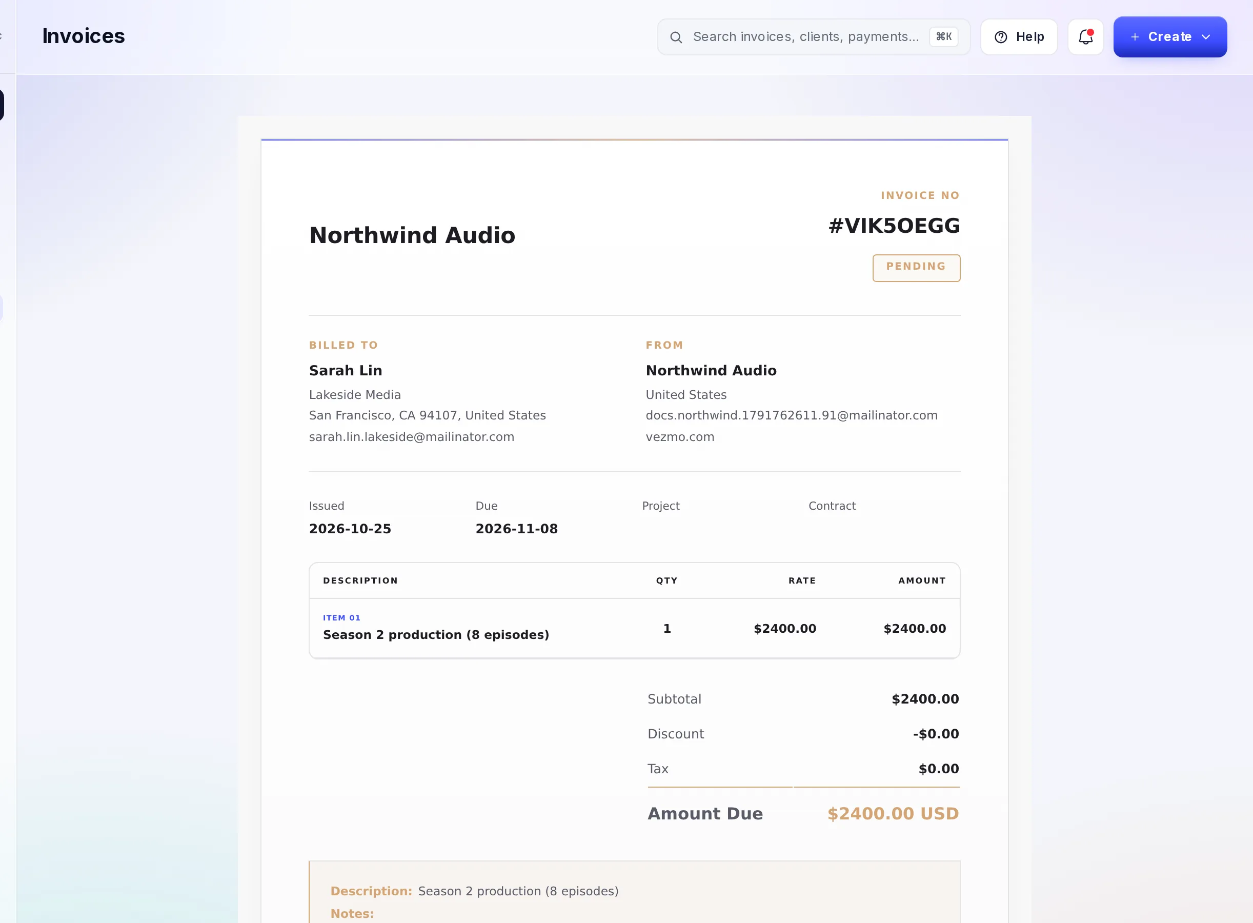 An invoice from Northwind Audio to Sarah Lin, Lakeside Media: Season 2 production, $2,400.00, pending